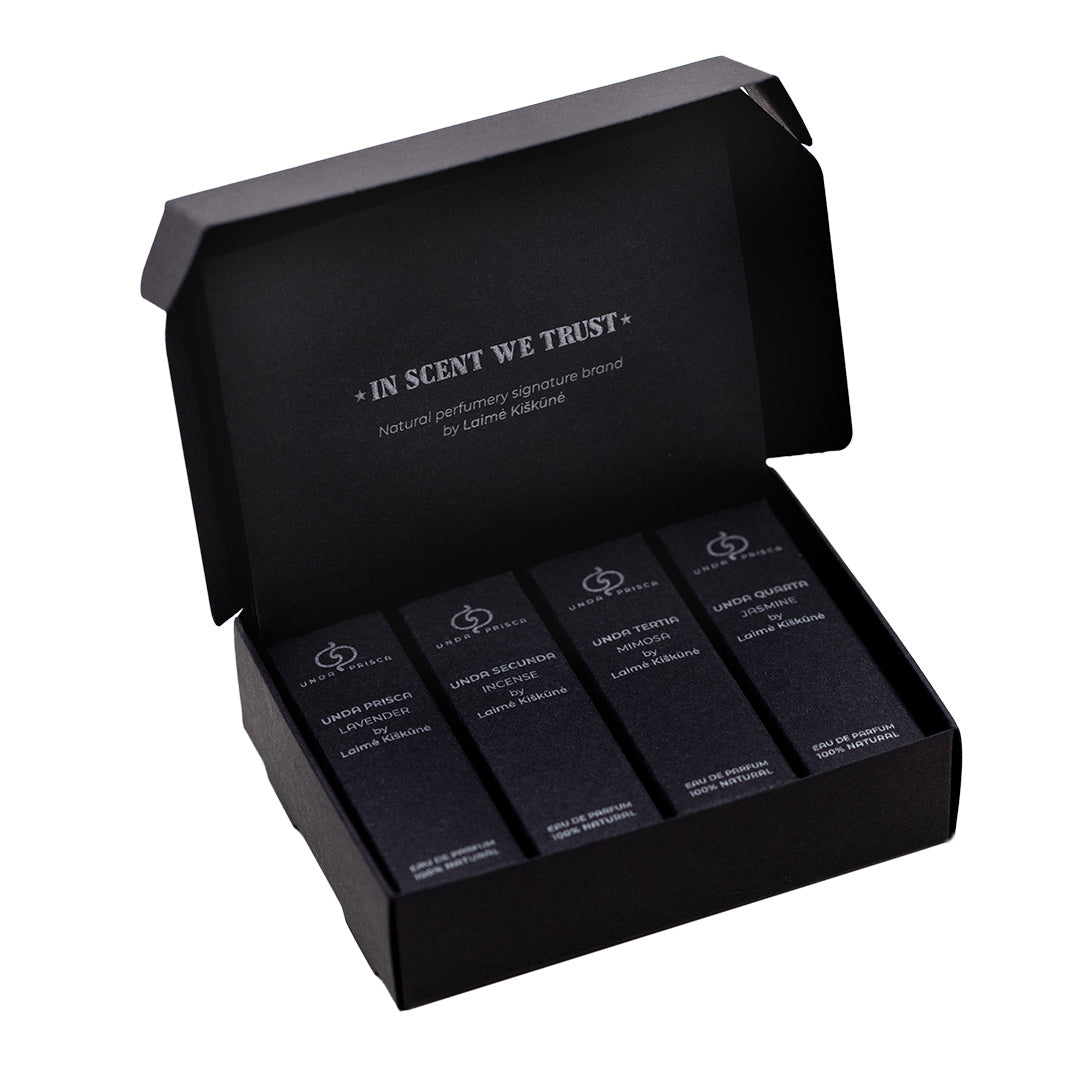 100% natūralių, nišinės botaninės parfumerijos kvepalų rinkinys. Sukurta Unda Prisca parfumerės, kvapų tyrinėtojos ir menininkės Laimės Kiškūnės.